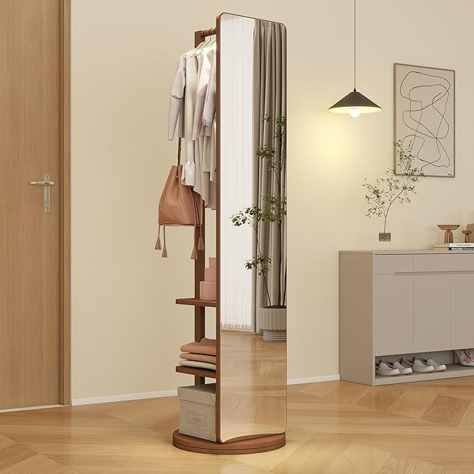 360° Rotating Full Length Mirror with Coat Rack, Solid Wood Full Body Mirror Floor Swivel Rotata... | Amazon (US)
