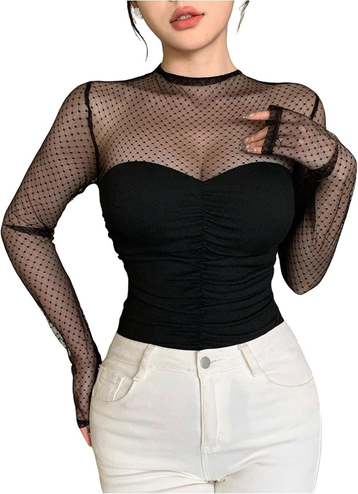 OYOANGLE Women's Polka Dots Mesh Patchwork Long Sleeve Tshirts Mock Neck Ruched Fitted Tops | Amazon (US)