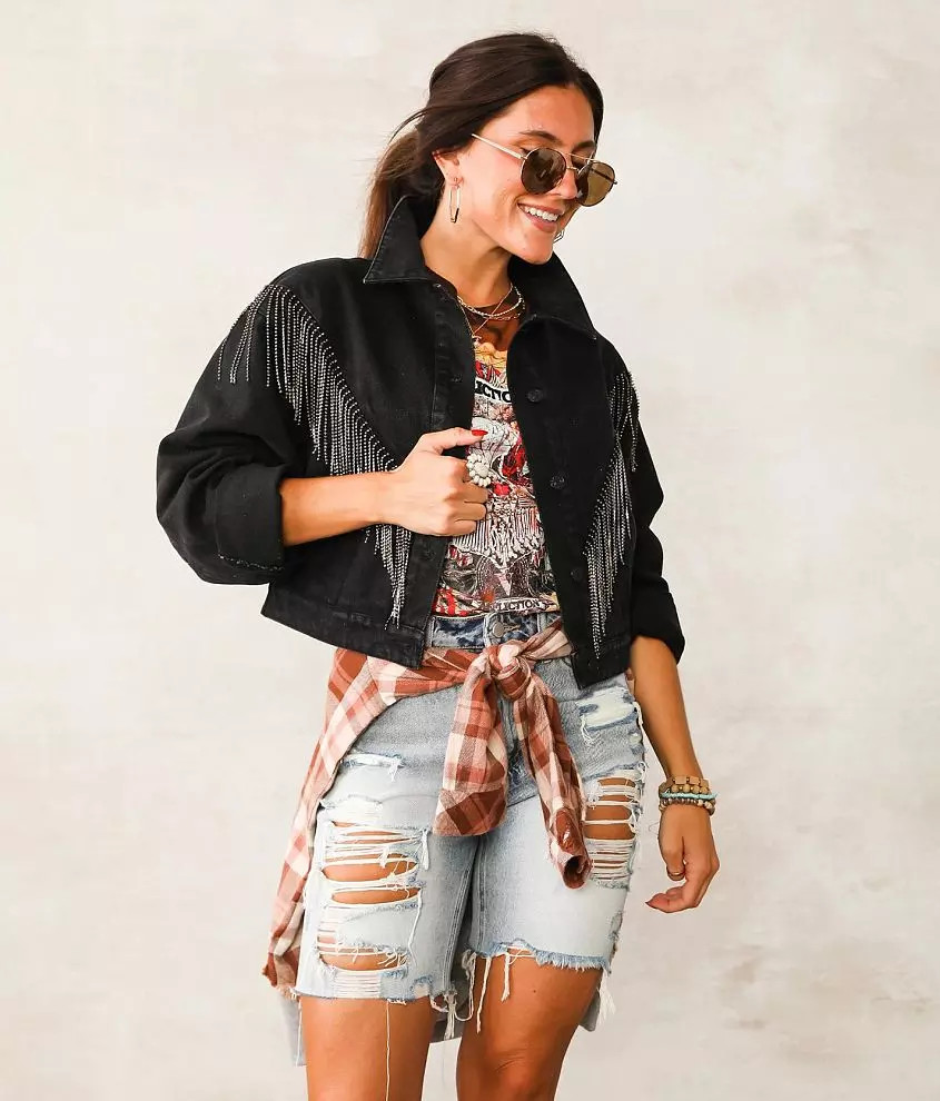 Blue B Rhinestone Fringe Denim Jacket | Buckle