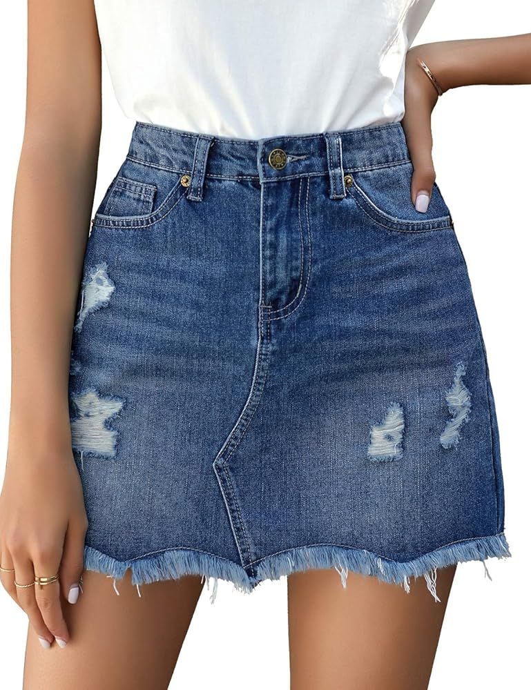 Amazon.com: luvamia Women's Casual Denim Skirt Mid Waisted Ripped Distressed Frayed Raw Hem Stret... | Amazon (US)