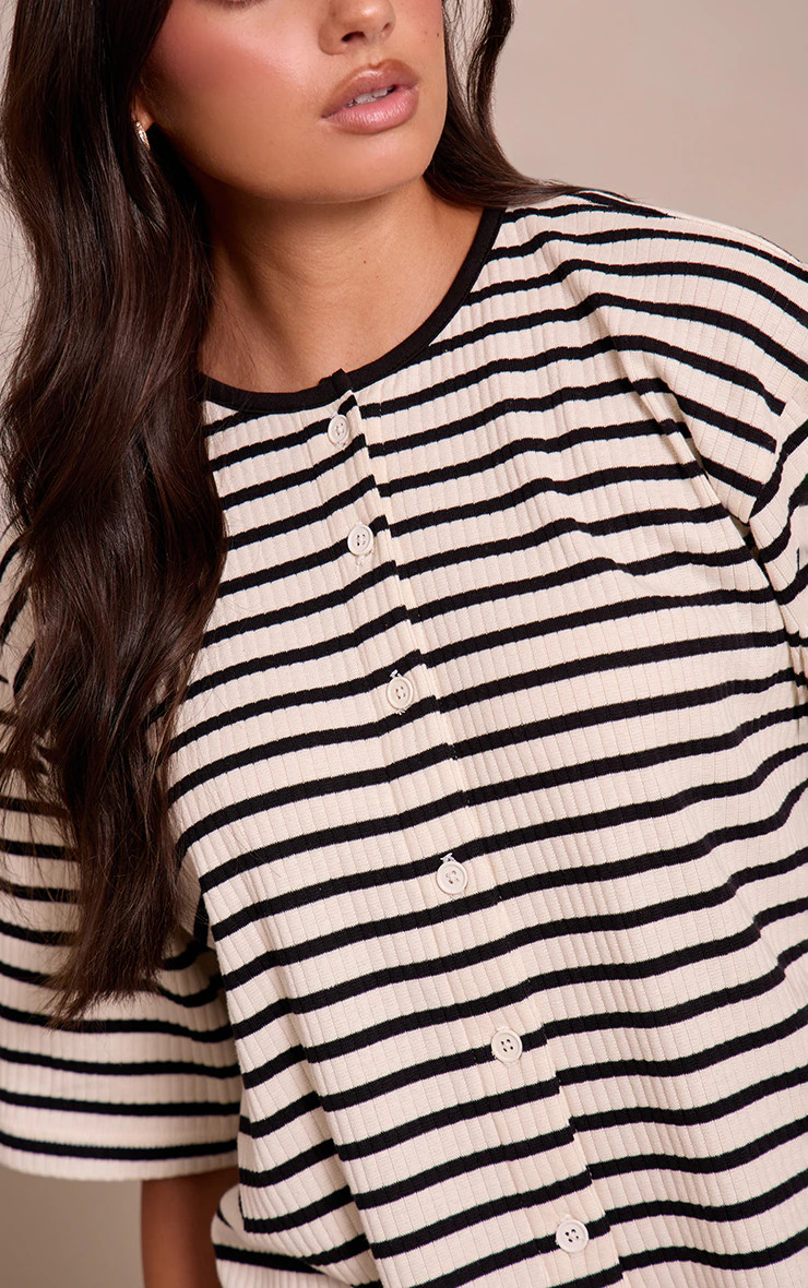 Cream Stripe Rib Button Up Top | PrettyLittleThing UK