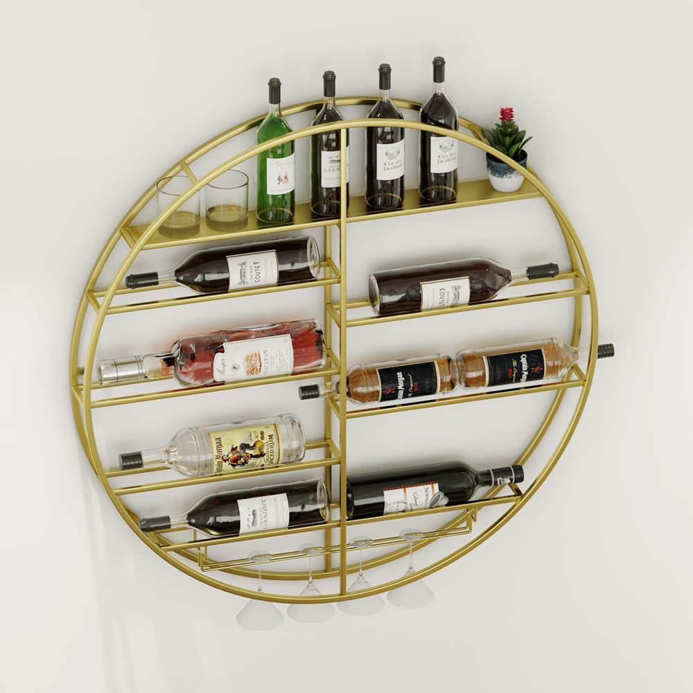 HEONITURE 12 Bottle Wall Mounted Wine Bottle Rack in Gold, Bar Liquor Shelves Shelf with Glass Holde | Amazon (US)