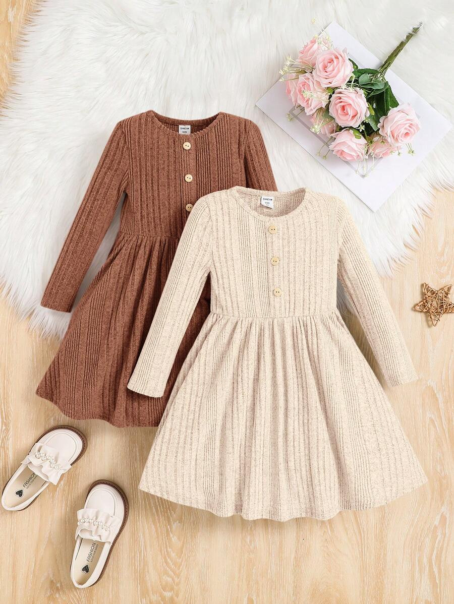 Young Girl 2pcs Solid Color Round Neck Fall Button Decor Ribbed Casual Winter Dress Set | SHEIN