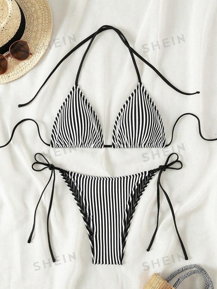 Women's Striped Halterneck Separate Swimsuit With Ties | SHEIN