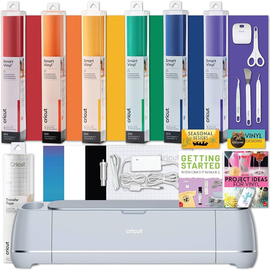 Cricut Maker 3 Machine Bundle Basic Tool Kit Transfer Tape Smart Permanent Rainbow Vinyl DIY Matl... | Amazon (US)