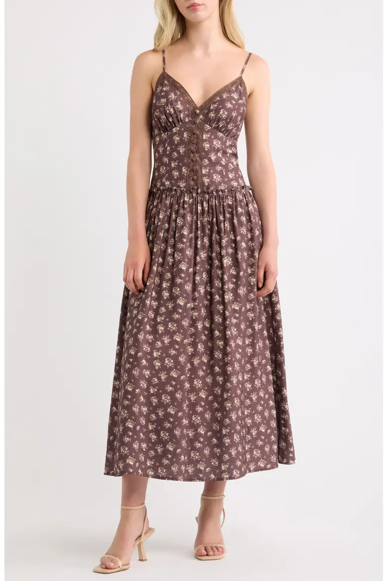 Lulus Lotta Lace Floral Dress in Brown Multi at Nordstrom, Size X-Large | Nordstrom