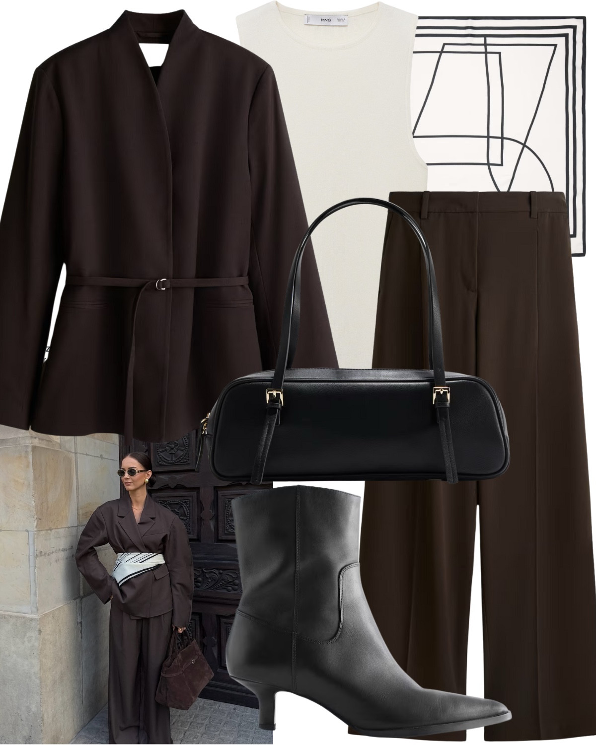 The colour of the season - an all brown tailored outfit. 

Including brown belted blazer, brown tailored trousers, heeled ankle boots, vest top, silk scarf, small shoulder bag  

#LTKworkwear #LTKstyletip #LTKautumn
