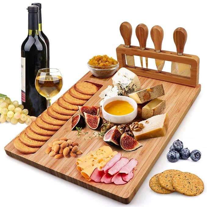 Bamboo Cheese Board Set, Charcuterie Platter and Serving Meat Board Including 4 Stainless Steel K... | Amazon (US)