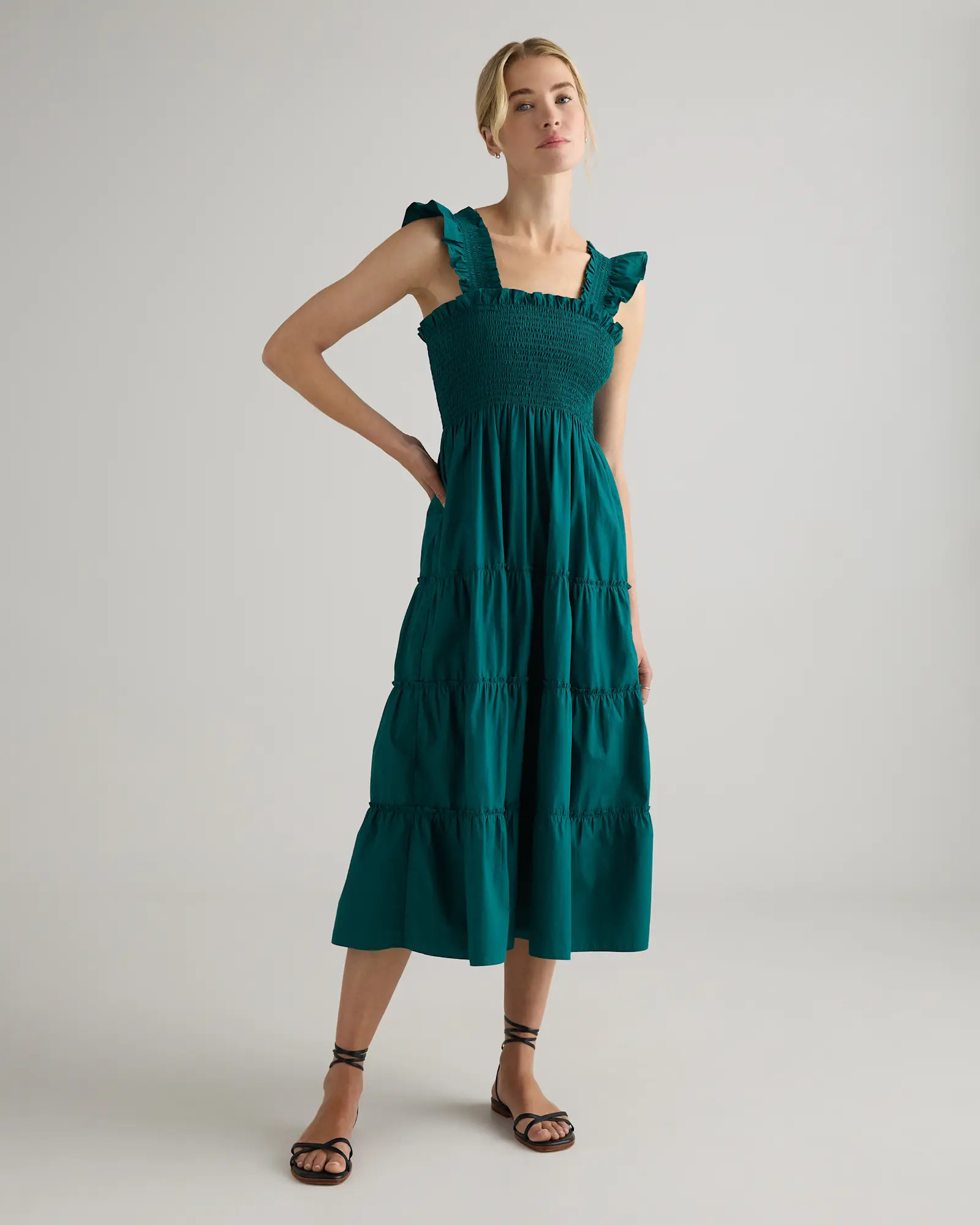100% Organic Cotton Smocked Midi Dress in Garden Green | Quince