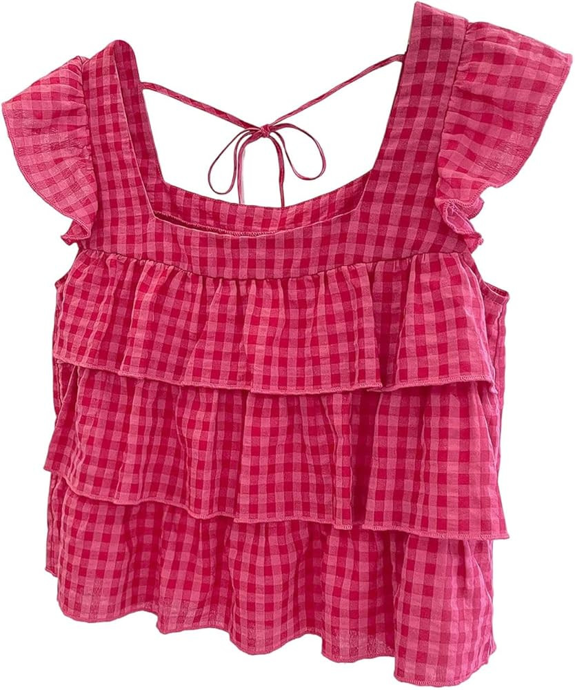 Floerns Women's Gingham Cap Sleeve Blouses Layered Ruffle Tie Back Babydoll Tank Tops | Amazon (US)
