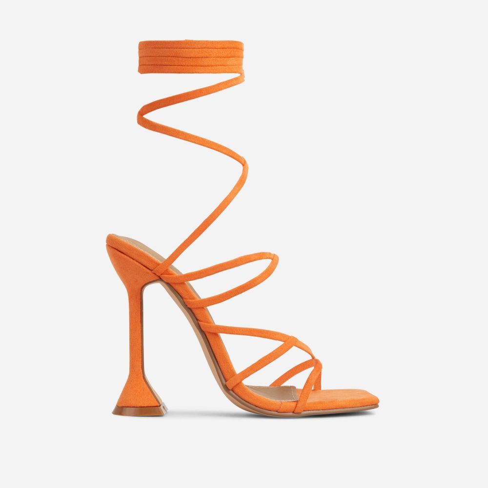 Influence Strappy Lace Up Square Toe Sculptured Heel In Orange Faux Suede | EGO Shoes (US & Canada)