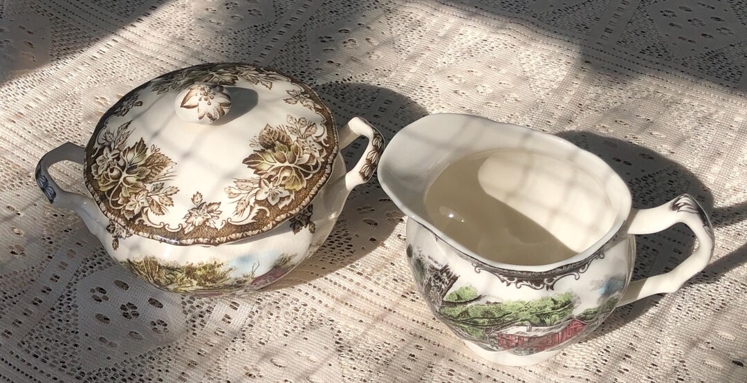 Johnson's Brothers Friendly Village Mill Stream Covered Sugar and Creamer Excellent Condition Vin... | Etsy (US)