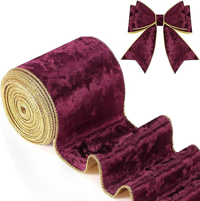 Riceshoot Christmas 2.5 Inch Velvet Ribbon 10 Yards Burgundy Wide Wired Velvet Ribbon with Gold E... | Amazon (US)
