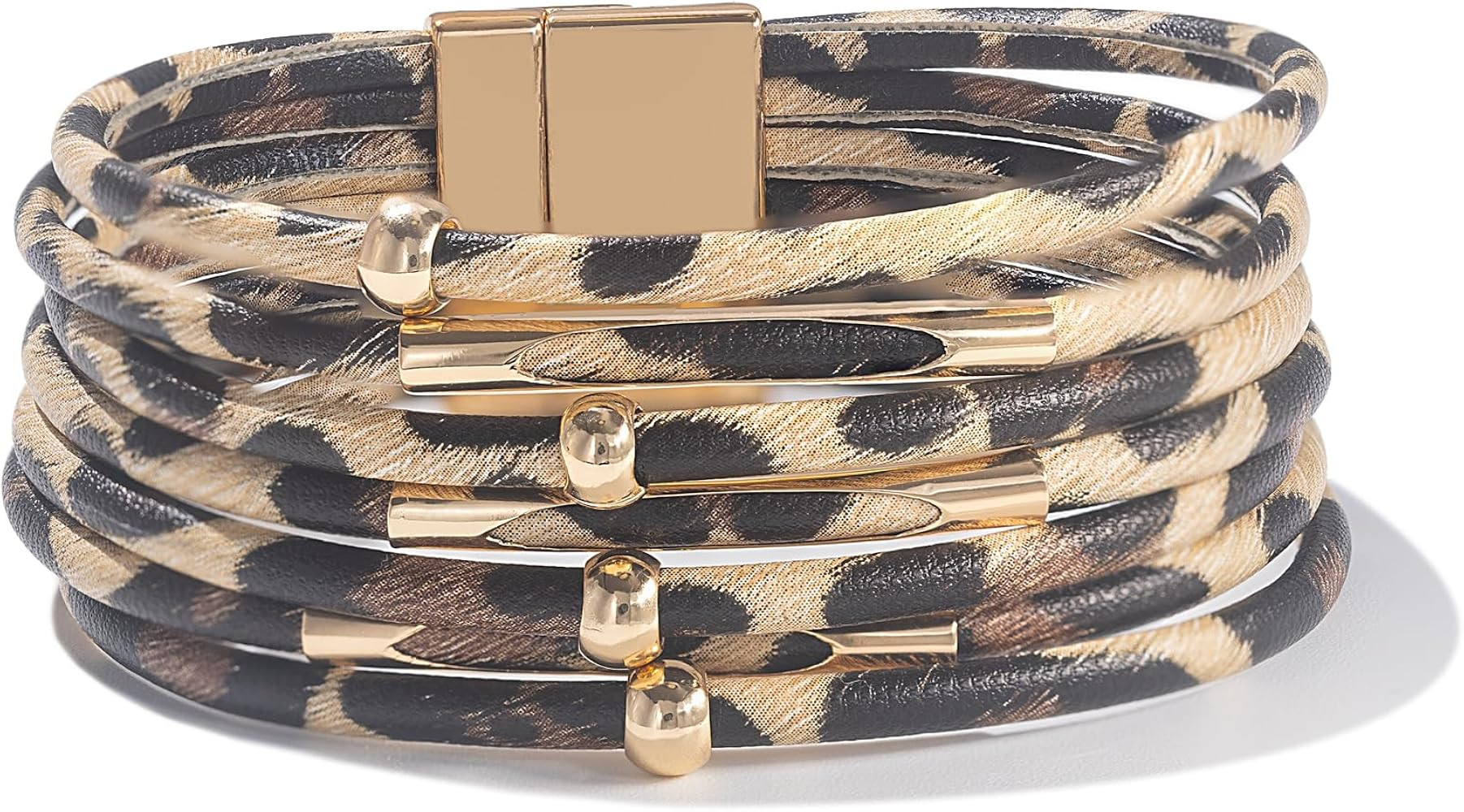 FANCY SHINY Leopard Leather Wrap Bracelet Stackable Boho Tube Beaded Cuff Bracelet with Magnetic ... | Amazon (US)
