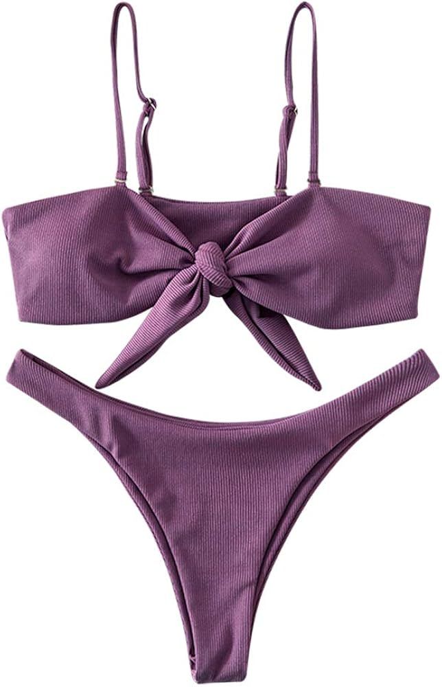 ZAFUL Women's Ribbed Front Knot High Cut Cami Bandeau Bikini Set Swimsuit | Amazon (US)