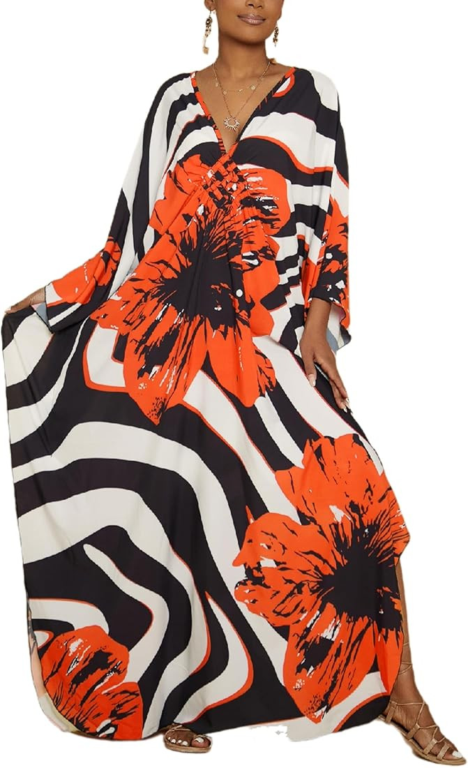 Bsubseach Kaftan Dresses for Women 2025 Plus Size Beach Swimsuit Cover Up V Neck Caftan Dress Lou... | Amazon (US)