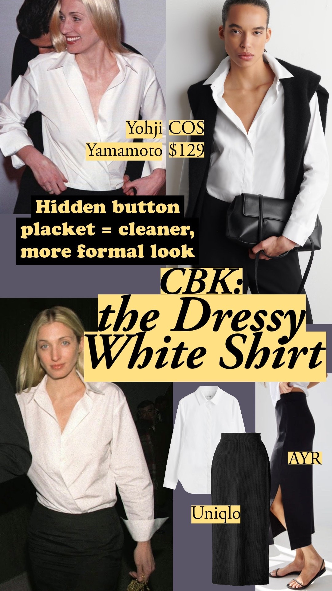 Iconic CBK look: a men's white shirt with a black maxi. Her Yohji Yamamoto men's shirt has a hidden button placket - that's how you get that clean, formal look. It's also a detail that's hard to find in women's shirts, and I'm happy COS has a great one now.

#LTKootd