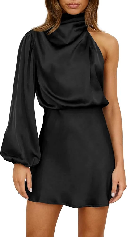 Fisoew Womens One Shoulder Satin Dress Elegant Mock Neck Long Sleeve Cocktail Party Mini Dresses | Amazon (US)
