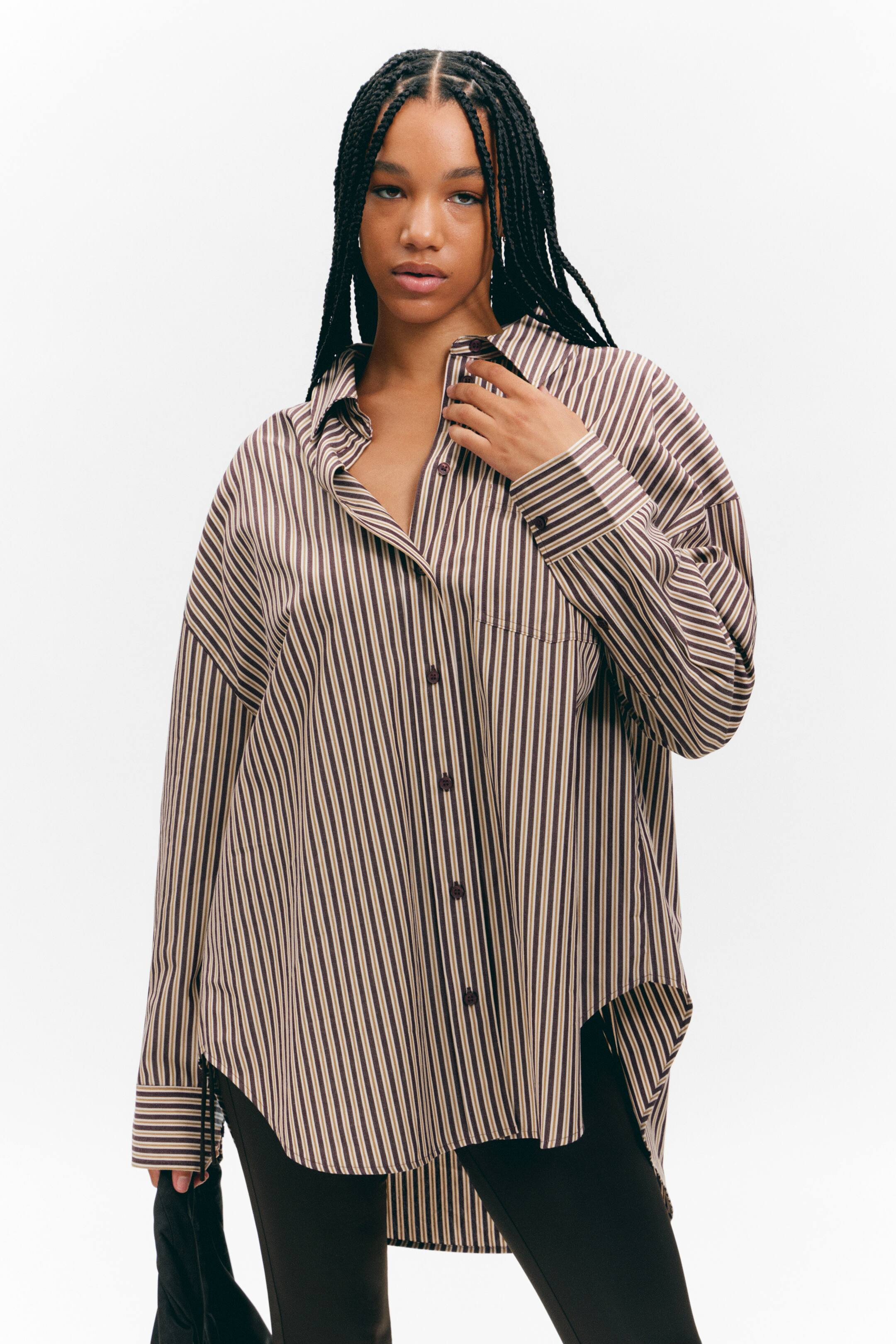 Oversized Long-Sleeved Cotton Shirt - Burgundy & Yellow Stripes - Ladies | H&M GB | H&M (UK, MY, IN, SG, PH, TW, HK)
