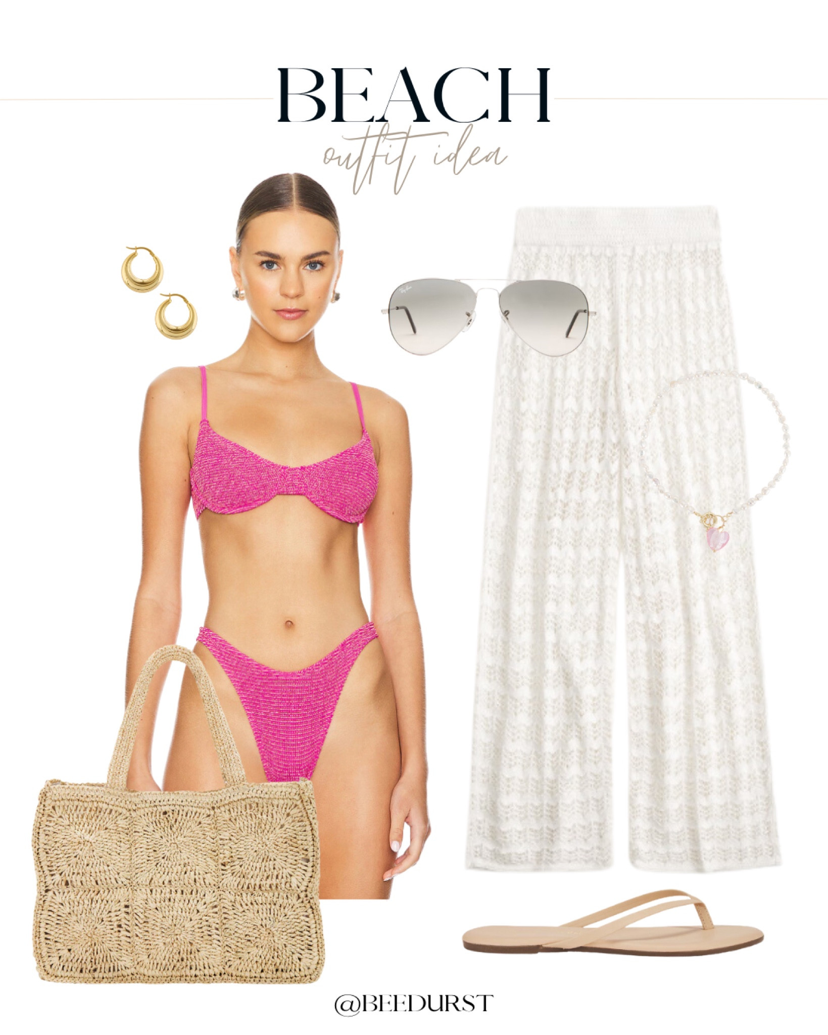 Beach outfit idea, pool outfit idea, swim outfit idea, pink bikini, metallic bikini, underwire bikini, underwire swimsuit, crochet cover up, crochet cover up pants, crochet pants, TKEES flip flops, nude flip flops, straw tote bag, beach tote bag, pool tote bag, tote bag, beach bag, pool bag, hoop earrings, aviator sunglasses, pearl necklace 

#LTKItBag #LTKSwim #LTKShoeCrush