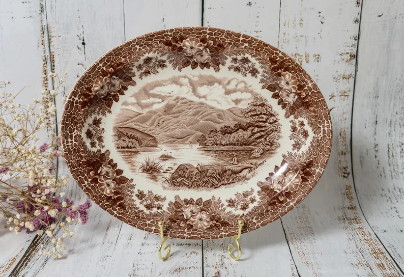 Vintage Brown Transferware Dinnerware Plates, Platter, EIT English Ironstone Highland Scenic - Et... | Etsy (US)