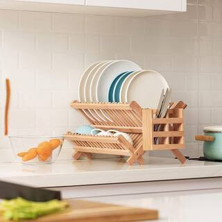 2-Tier Collapsible Drainer Dish Drying Rack with Utensils Flatware Holder Set, Beige | The Home Depot