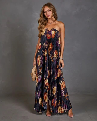Adrenia Pleated Floral Print Satin Maxi Dress Blue Multi / L | VICI