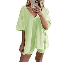 Yanekop Womens Oversized 2 Piece Outfit Sets Reversible V Neck T Shirt Biker Shorts Sports Tracks... | Amazon (US)