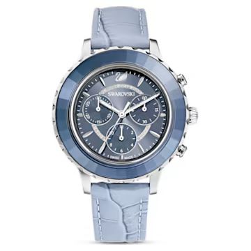 Octea Lux Chrono watch, Swiss Made, Leather strap, Blue, Stainless steel by SWAROVSKI | SWAROVSKI