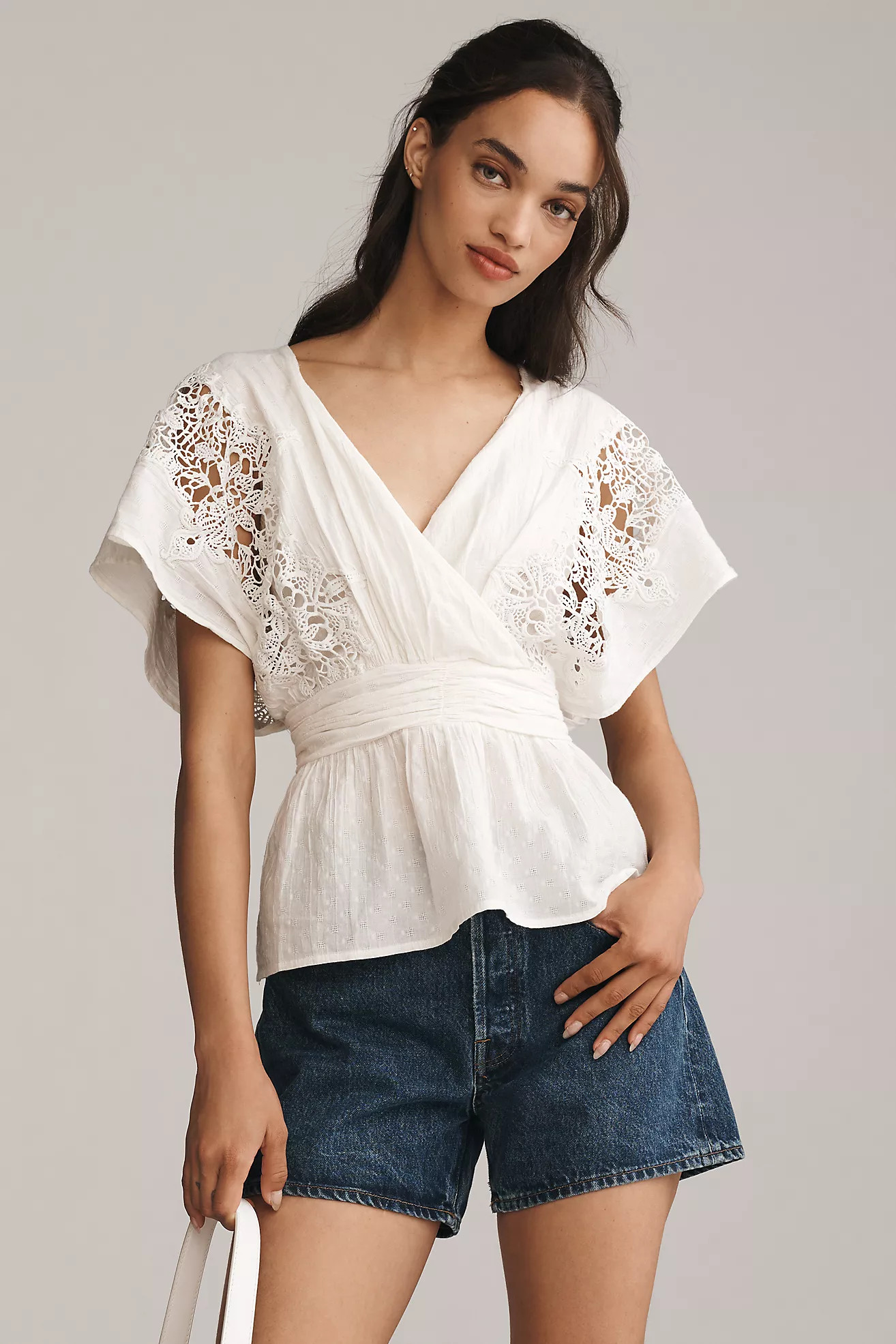 By Anthropologie Short-Sleeve Surplice Eyelet Lace Blouse | Anthropologie (US)