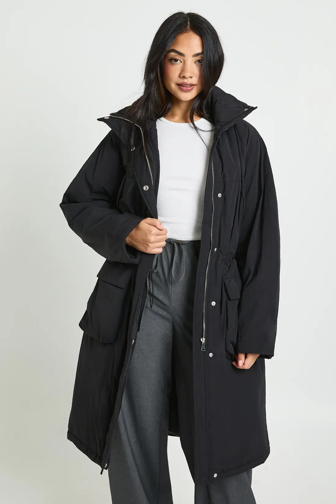 Cinched Waist Longline Parka | Boohoo.com (UK & IE)