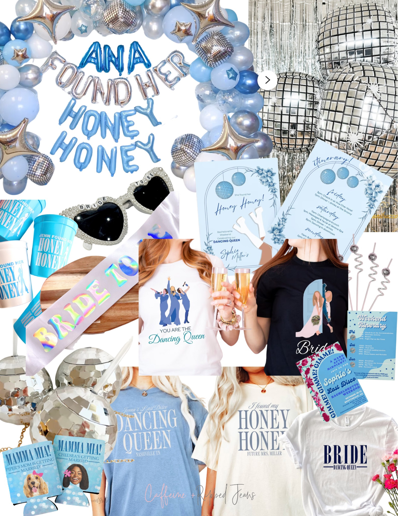 // mamma Mia bachelorette party theme // last disco bachelorette theme // last disco 🪩 // bride to be sash // disco balloons // disco ball cups // dancing queen shirt // mamma Mia bachelorette party //

#LTKwedding #LTKparties #LTKfindsunder100