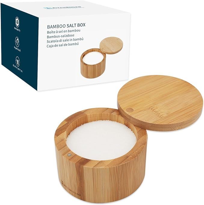 KITCHENDAO Bamboo Salt Cellar Bowl Box，Elegant Kitchen Salt Container Holder with Swivel Magnet... | Amazon (US)