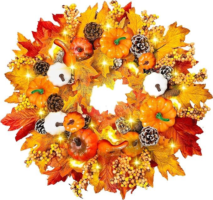 22" Fall Wreath for Front Door Fall Decoration with Timer 30 Lights Pumpkin Maples Leaf Pine Cone... | Amazon (US)