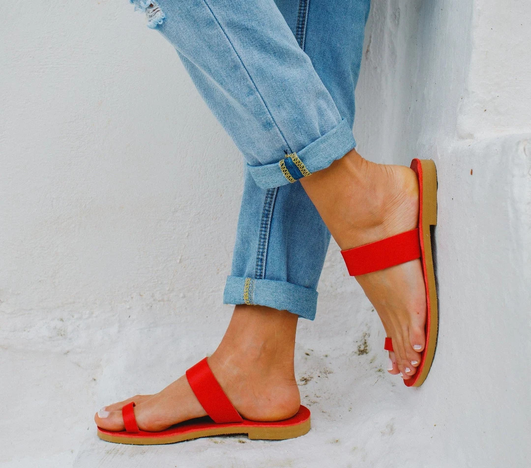 Red Leather sandals with Toe ring Women's Sandals Classic Sandals Greek Sandals Handmade Sandals ... | Etsy (US)