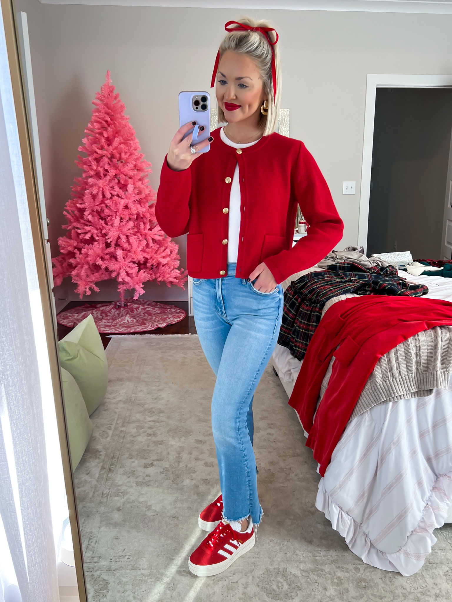 Red gazelle bold outfit / red adidas sneakers outfit / red lady jacket / red hair bow outfit 
Size: XS jacket, 24 jeans 

#LTKCyberWeek #LTKSeasonal #LTKHoliday