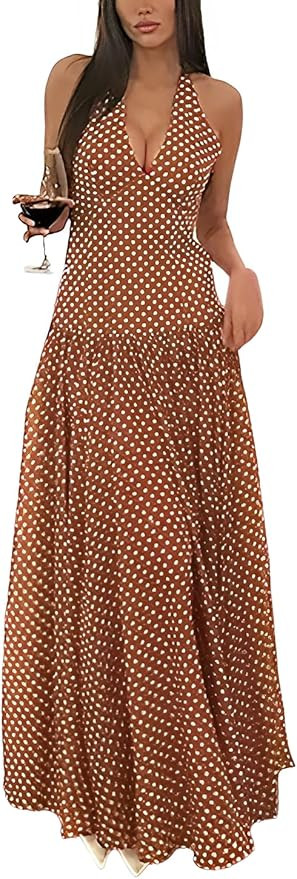 Women's Polka Dot Halter Neck Sleeveless V-Neck Swing Summer Sundress Casual Retro Cocktail Party... | Amazon (US)