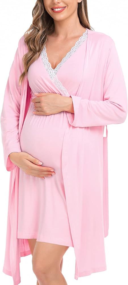 SWOMOG Womens Maternity Nursing Nightgown and Robe Set 3 in 1 Pregnancy/Delivery/Labor Lace Dress... | Amazon (US)