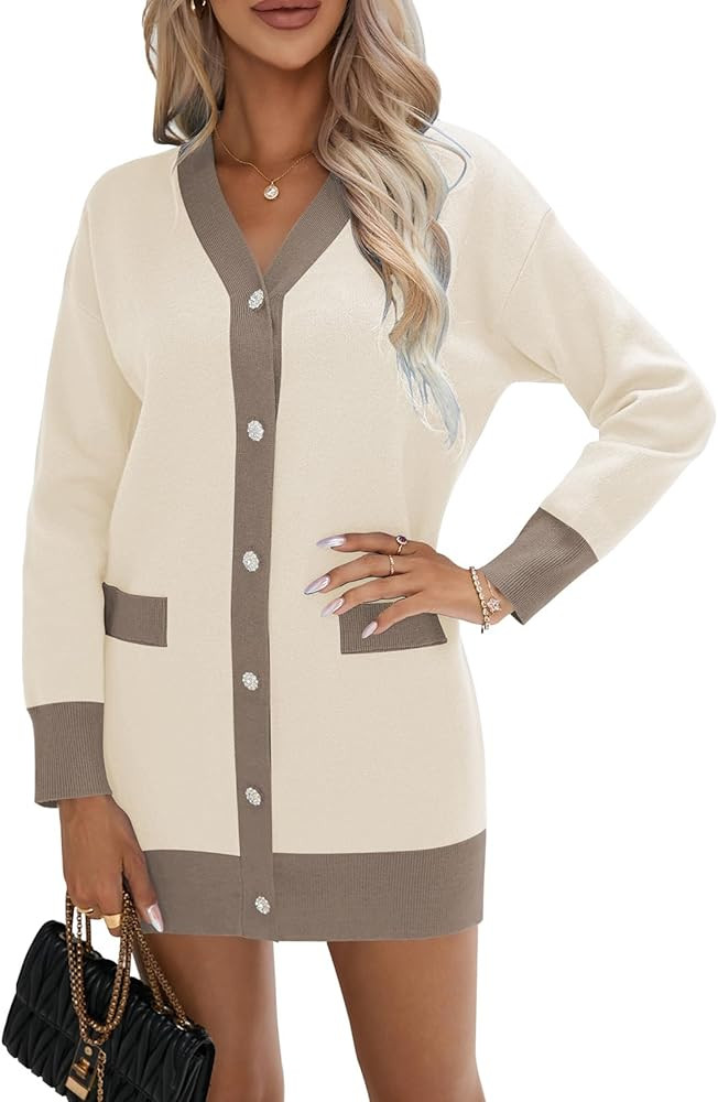 Pink Queen 2023 Fall Long Cardigan for Women Long Sleeve Open Front Button V Neck Houndstooth Car... | Amazon (US)