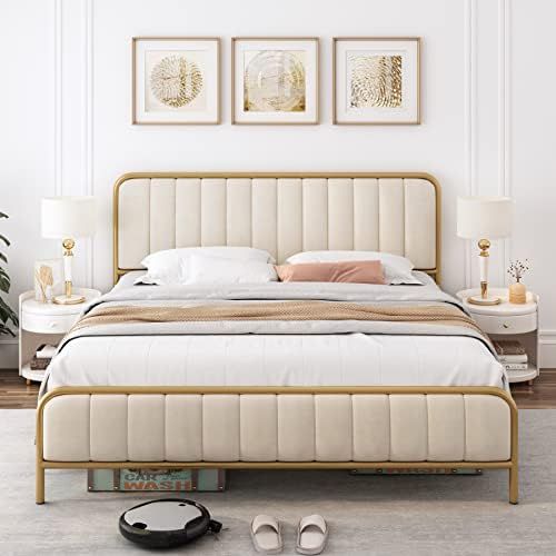 HITHOS King Size Bed Frame, Upholstered Bed Frame with Button Tufted Headboard, Heavy Duty Metal ... | Amazon (US)