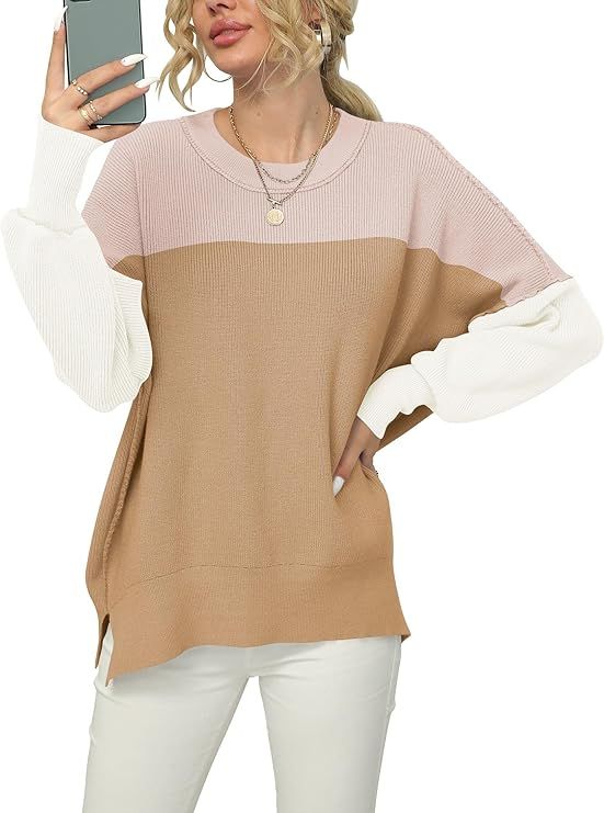 Prinbara Women Crewneck Batwing Sleeve Oversized Side Slit Ribbed Knit Pullover Sweater Top | Amazon (US)