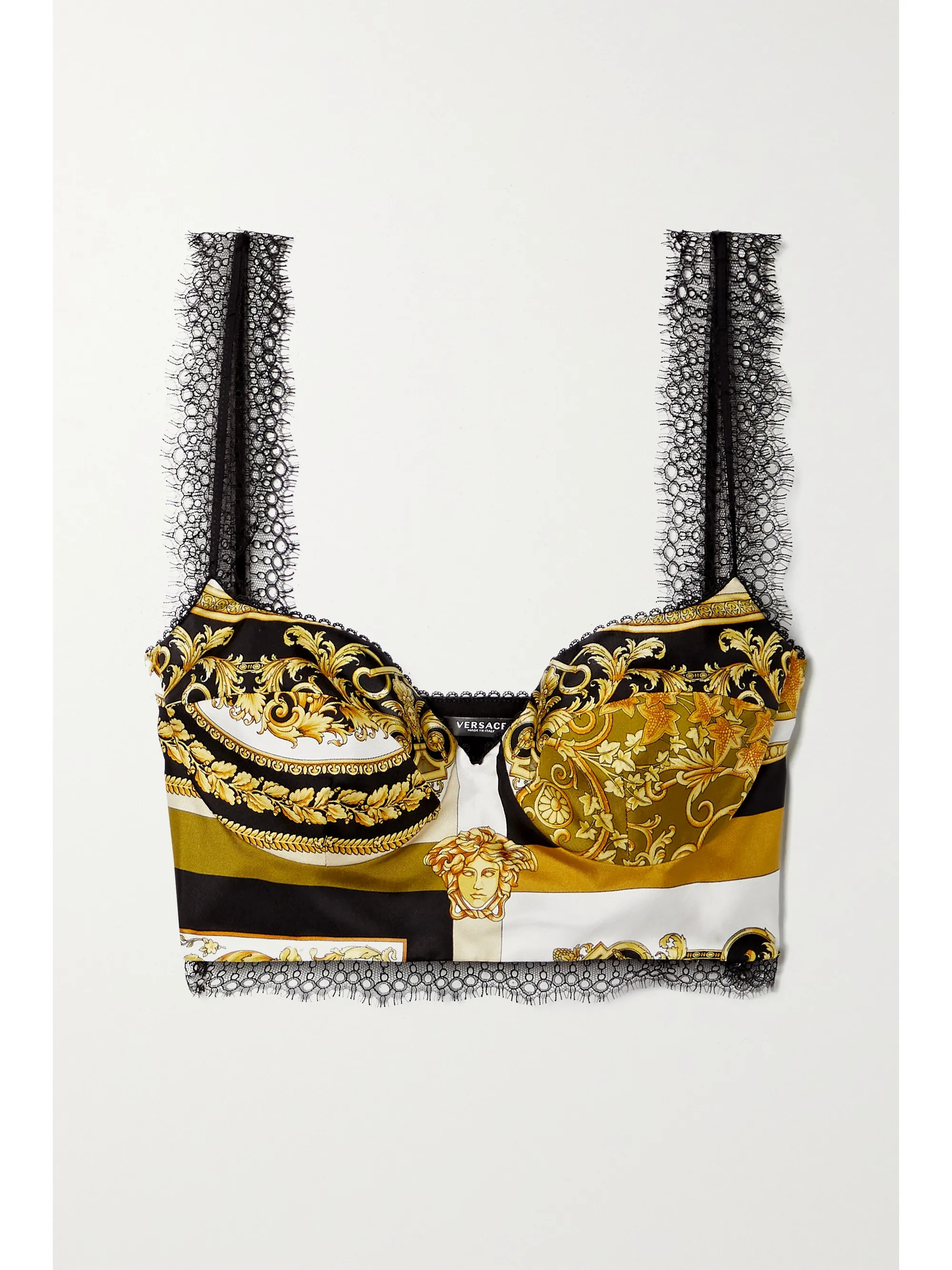 Brown Lace-trimmed printed silk-twill bustier top | Versace | NET-A-PORTER | NET-A-PORTER (US)