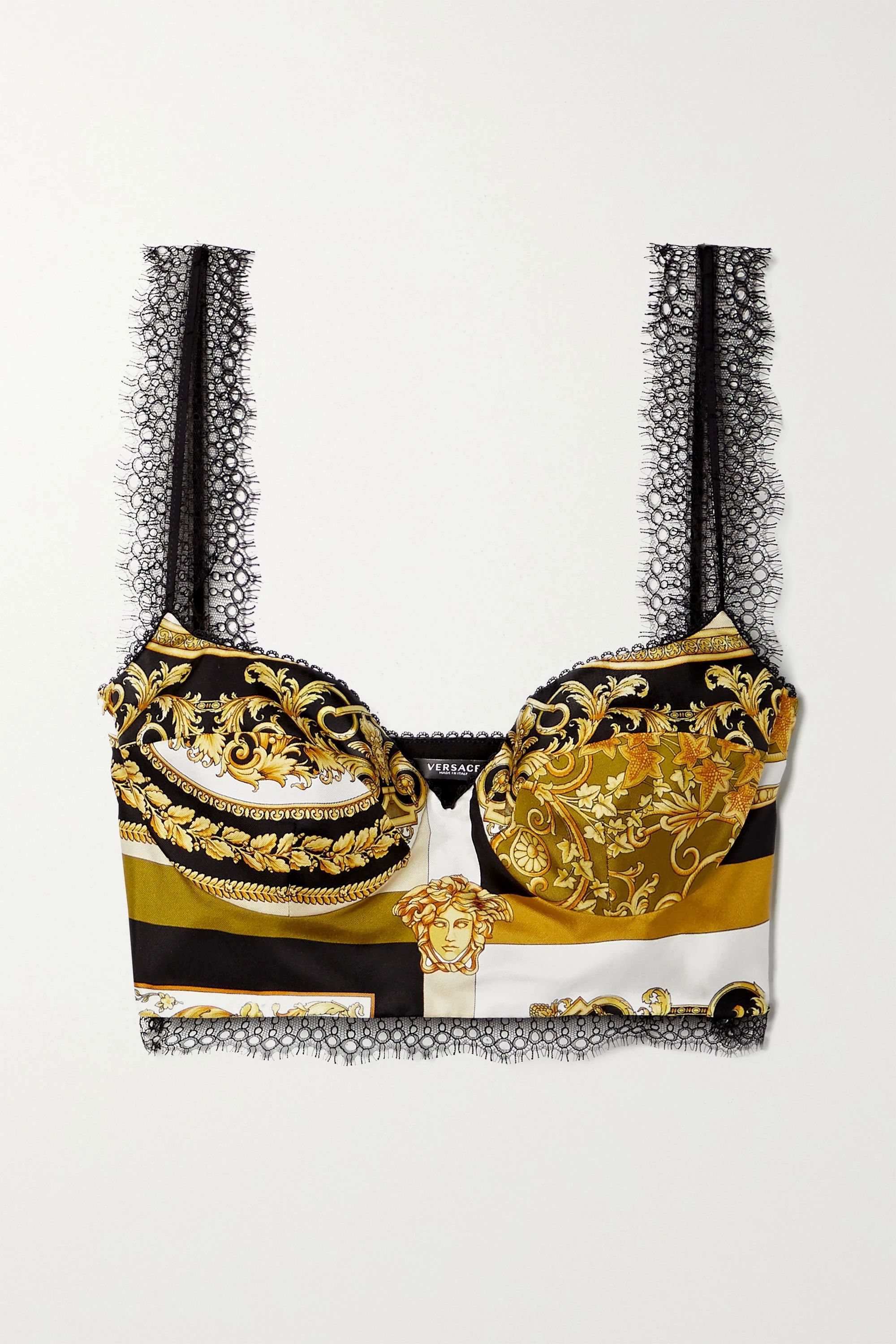 Brown Lace-trimmed printed silk-twill bustier top | Versace | NET-A-PORTER | NET-A-PORTER (US)