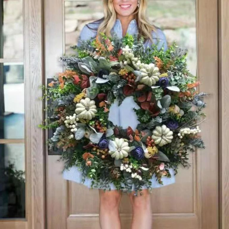 Travelwant White Pumpkins Ranunculus Wreath Fall Decor for Front Door, Handmade Hydrangea Big Pum... | Walmart (US)