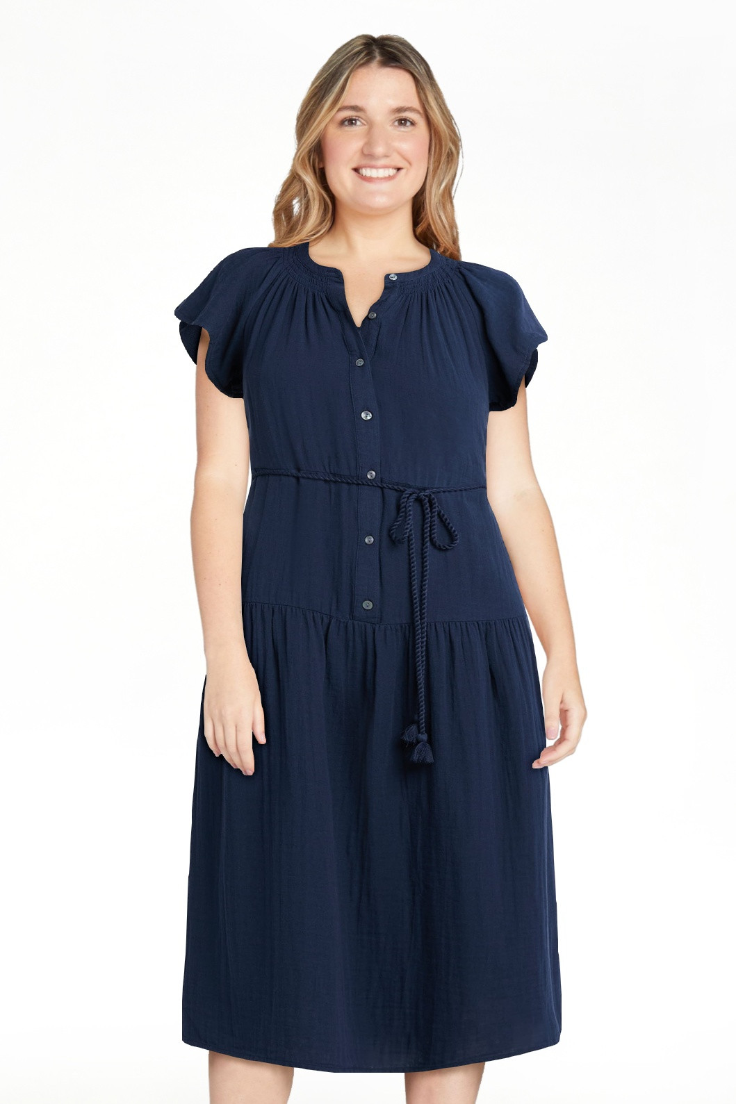 Time and Tru Women's Double Cloth Cotton Midi Dress, Sizes XS-XXXL | Walmart (US)