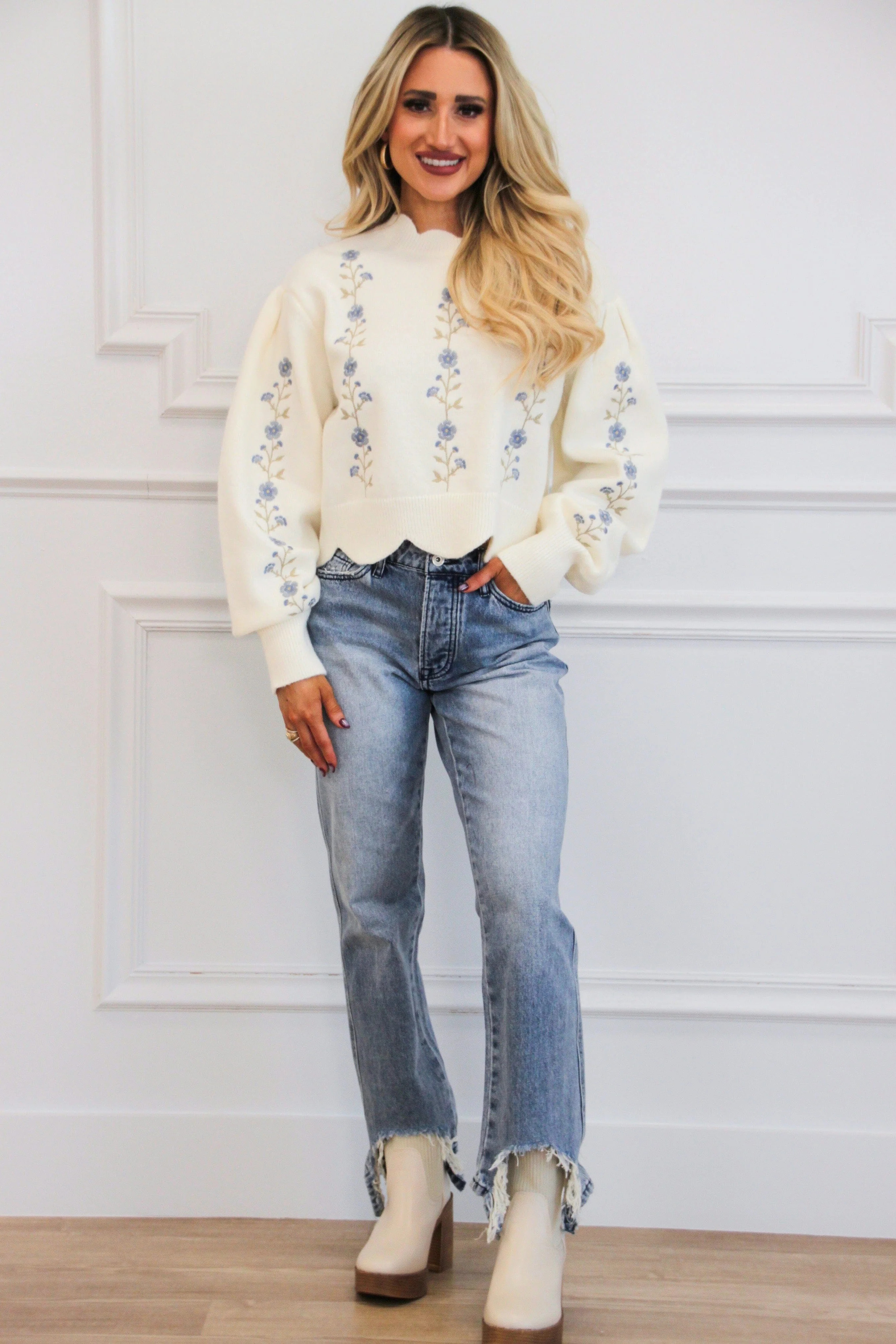 Tensley Floral Embroidered Scalloped Sweater: Cream | Bella and Bloom Boutique