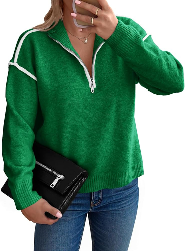Saodimallsu Womens Quarter Zip Pullover Sweaters Casual Collared V Neck Color Block Long Sleeve L... | Amazon (US)