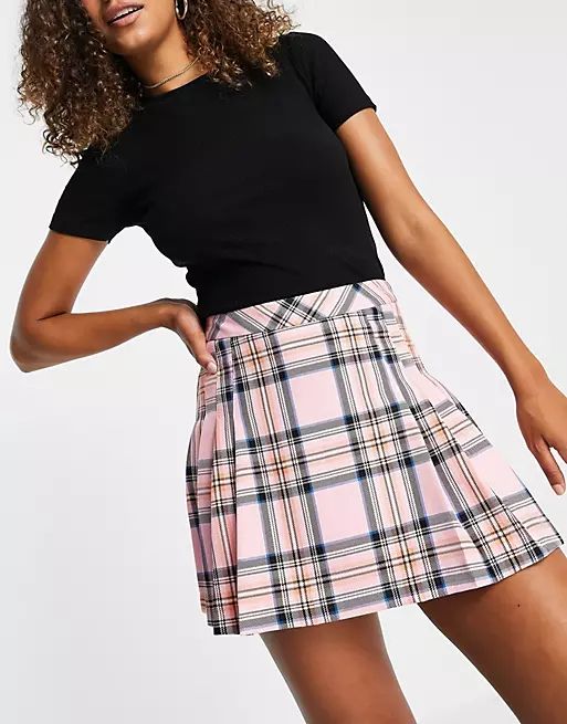 ASOS DESIGN pleated mini suit skirt in pink check | ASOS (Global)