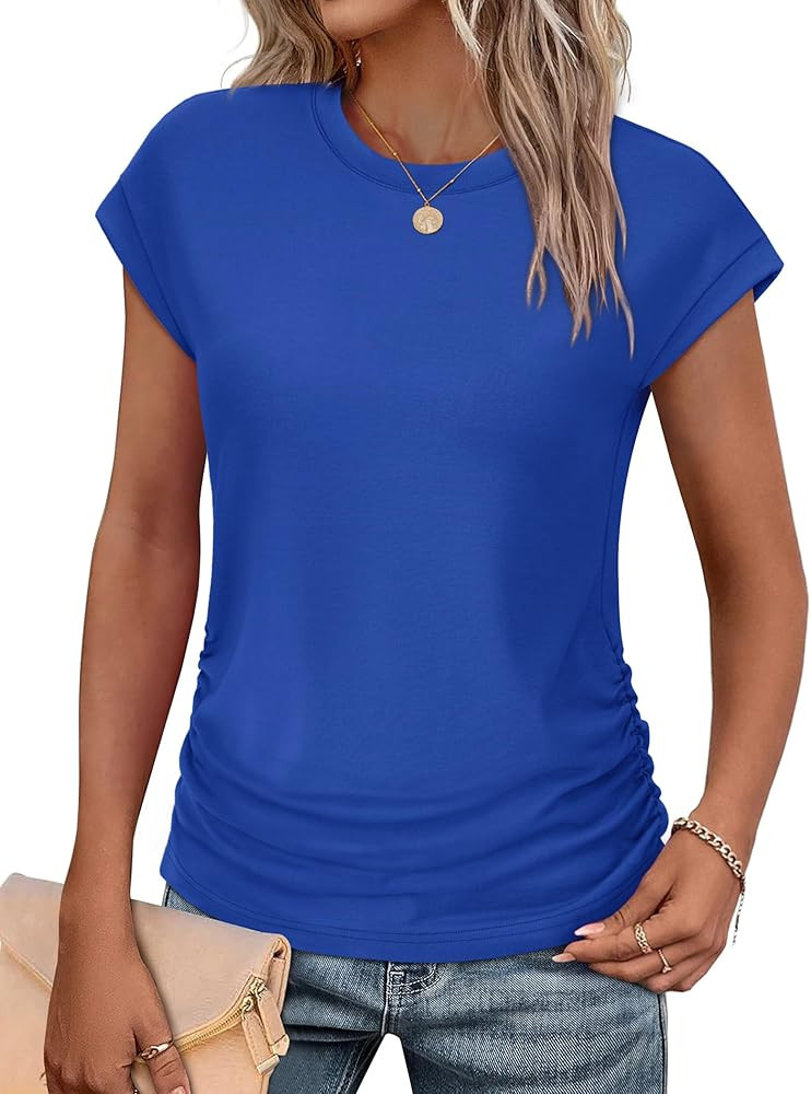 SAMPEEL Womens Summer Tops Trendy 2025 Ruched Cap Short Sleeve Tshirts Shirts Crew Neck T Shirts ... | Amazon (US)
