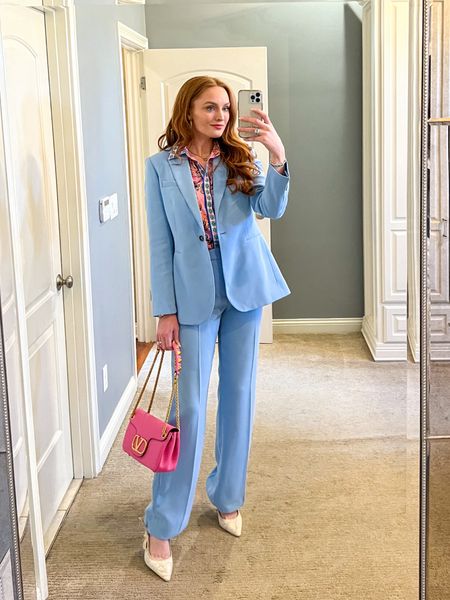 Blue suit is from Zara - you can find it linked on my Instagram bio. Blouse fits true for size, wearing medium. It’s part of a set from shein. 

Work wear - work style - professional style - professional spring style - Valentino handbag  - spring style - spring outfit -jcrew - 


#LTKworkwear #LTKSeasonal #LTKitbag